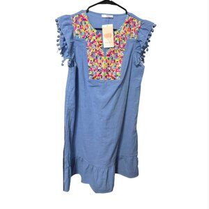 NWT Boho Blue Embroidered Dress with Pompoms Size Medium